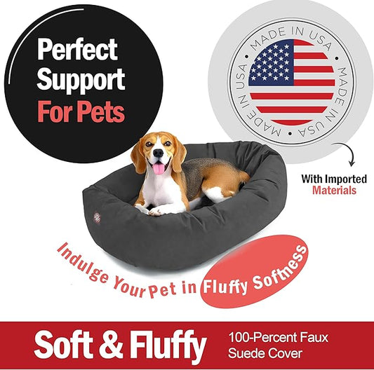 Majestic Pet 32 Inch Suede Calming Dog Bed Washable – Cozy Soft Round Dog Bed with Spine Support for Dogs to Rest Their Head - Fluffy Donut Dog Bed 32x23x7 (Inch) - Round Pet Bed Medium – Gray (2025)