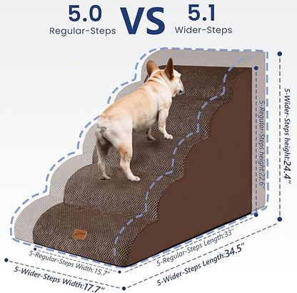 GoGoBunny Ramp Dog Stairs for High Beds 24.4" H, 5-Step Extra Wide Dog Slope Stairs with Durable Waterproof Fabric Cover, Pet Steps for Old Large Dogs Climbing, Non-Slip Sturdy Indoor Step, Brown