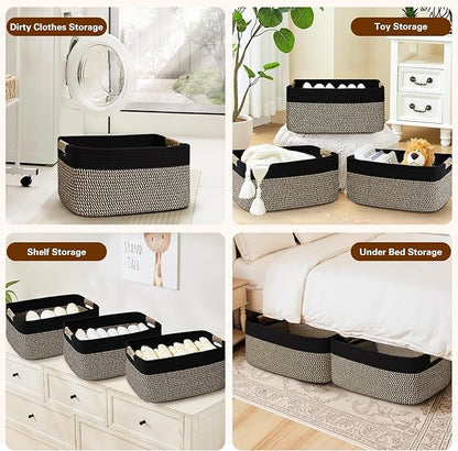 2 Pack Large Storage Basket for Organizing, 17.5"x13"x7" Woven Basket for Shelves, Closet Cube Storage Bins with Wrapped Handle, Cotton Rope Baskets for Kitchen, Clothes, Toys(Black & Brown)