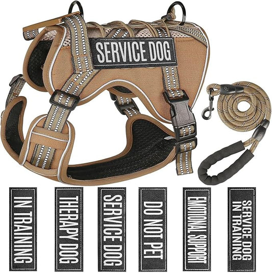 Service Dog Tactical Vest Harness and Leash Set Medium Sized Dog Emotional Support- Tactical Dog Harness Training Collar with Name (Khaki, L)