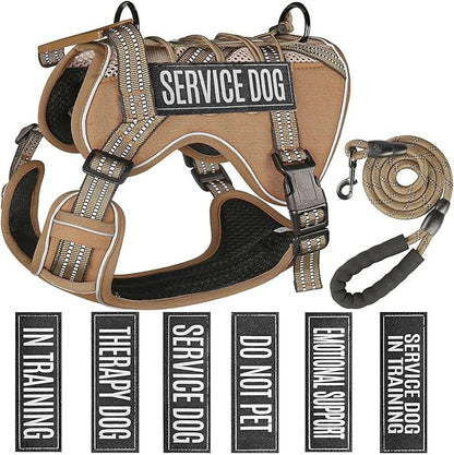 Service Dog Tactical Vest Harness and Leash Set Medium Sized Dog Emotional Support- Tactical Dog Harness Training Collar with Name (Khaki, S)