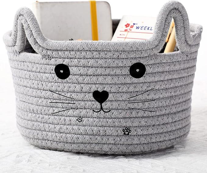 Zopeal Cat Basket Storage Woven Organizer with Ears Easter Decorative Pet Toy Cute Cotton Rope Basket for Gift Cat Dog Toy Bin Nursery Room(8.3 x 4.7 Inch,Light Gray)