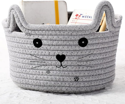 Zopeal Cat Basket Storage Woven Organizer with Ears Easter Decorative Pet Toy Cute Cotton Rope Basket for Gift Cat Dog Toy Bin Nursery Room(8.3 x 4.7 Inch,Light Gray)