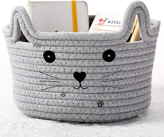 Zopeal Cat Basket Storage Woven Organizer with Ears Easter Decorative Pet Toy Cute Cotton Rope Basket for Gift Cat Dog Toy Bin Nursery Room(8.3 x 4.7 Inch,Light Gray)
