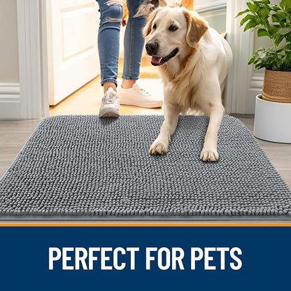OLANLY Dog Door Mat Set 2-Piece 59x24, Absorbs Moisture and Dirt, Absorbent Non-Slip Washable Doormat, Quick Dry Chenille Mud Mat for Dogs, Entry Indoor Entryway Carpet for Inside Floor, Grey