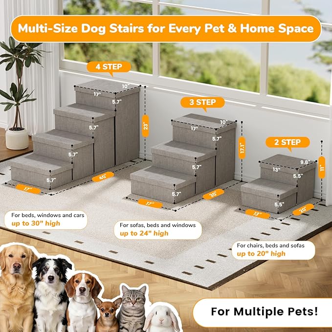 4-Step Wide Dog Stairs with Storage 23" H, Non-Slip Sturdy Pet Steps for High Bed Couch Window, Pet Stairs for Small/Medium/Large Old Dogs Cats Up to 220lbs, Cat Dog Steps for Car/SUV, Grey