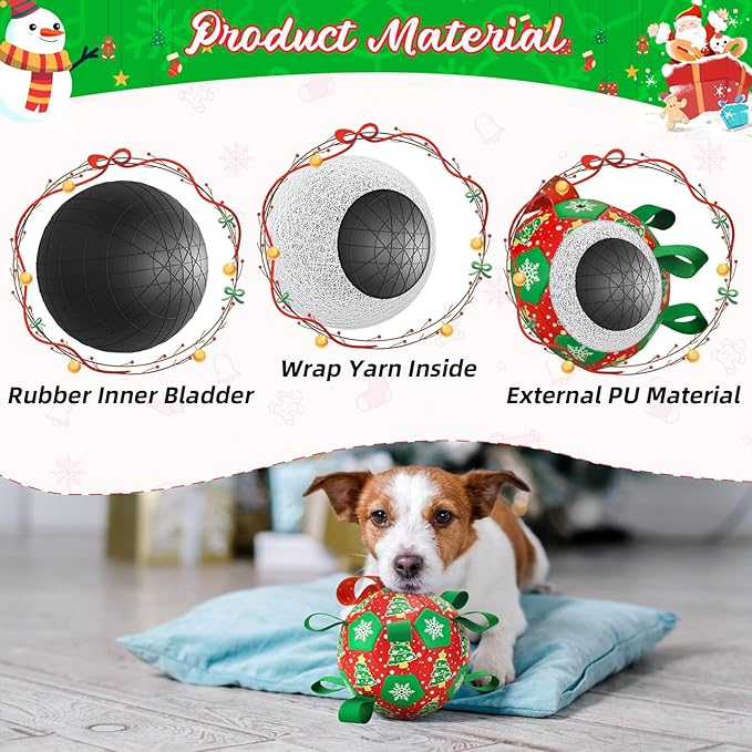 Christmas Soccer Ball Dog Toy With Straps for Interactive Play and Tug of War - Christmas Tree & Snowflower Pattern for Small, Medium, Big Dogs (8 Inches)