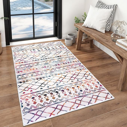 KUTA 3x5 Rugs for Entryway Boho Area Rug for Living Room, Moroccan Multi-Color Washable Rugs Non Slip, Ultra Soft Print Distressed Geometric Low-Pile Entry Throw Carpet for Bedroom Nursery Dorm Decor
