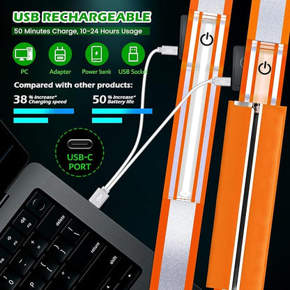 LED Reflective Belt Sash, Rechargeable LED Light Night Safety Walking Gear, High Visibility Adjustable Reflective Gear for Runners Walkers Cyclists at Night (Orange)