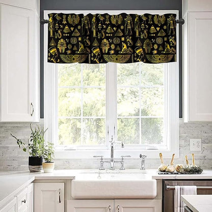 Ancient Egypt Valance Curtains Vintage Egyptian Culture Symbol Mysterious Egypt Tribal Ethnic Gold Black Window Valance Curtain for Farmhouse Bedroom Living Room Kitchen 54x18inch