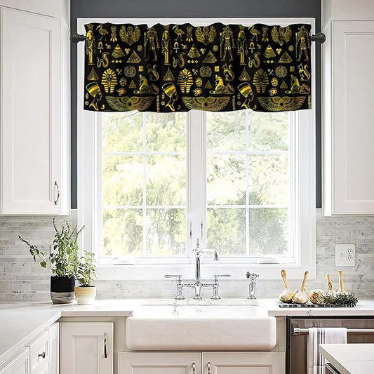 Ancient Egypt Valance Curtains Vintage Egyptian Culture Symbol Mysterious Egypt Tribal Ethnic Gold Black Window Valance Curtain for Farmhouse Bedroom Living Room Kitchen 54x18inch