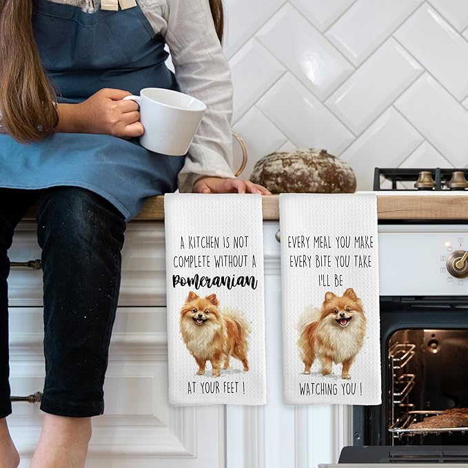 Pomeranian Dog Kitchen Towels Set of 2, Funny Dog Kitchen Decor, Dogs Gifts for Women Men Hand Towel, Pet Owner Gift Decorative Tea Towels Dish Towel 16x24 Inch