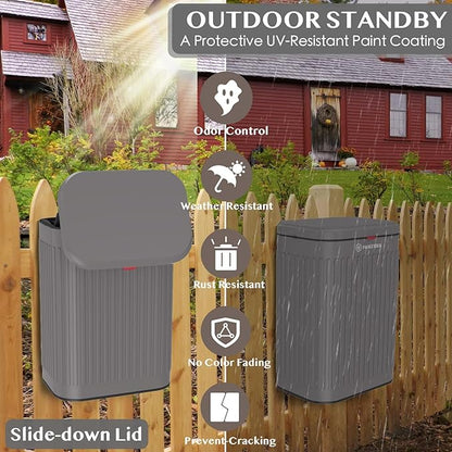 PAWZIDEA 2.1 Gallon Wall Mount Dog Poop Trash Can Outside Odor Control, Outdoor Small Metal Dog Proof Waste Station with Lid & Activated Carbon, Weatherproof Pet Poop Bin Hang Fence, Backyard, Garbage