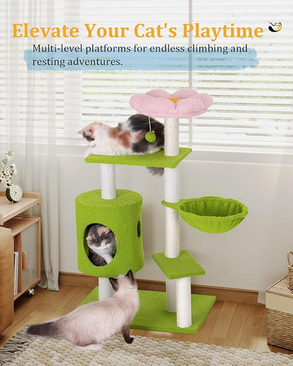 Aechonow 41.2'' Flower Cat Tree with 3 Scratching Posts, Small Cat Tower Cute for Indoor Girl Cat, Cozy Condo Cave Hammock Perch Bed for Kitten Pet, Green