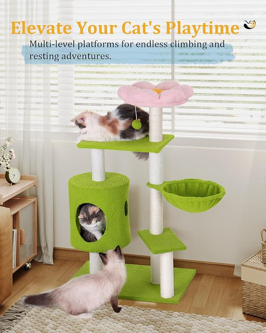 Aechonow 41.2'' Flower Cat Tree with 3 Scratching Posts, Small Cat Tower Cute for Indoor Girl Cat, Cozy Condo Cave Hammock Perch Bed for Kitten Pet, Green