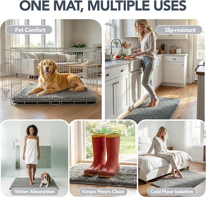 Deconovo Plush Waterproof Mats for Dogs, Absorbent Non-Slip Door Mat for Muddy Paws, 1.1" Thick Indoor Mat, Machine Washable Shaggy Pet Bed Mat, Quick Dry Indoor Entryway Rug, Gray, 24x17 Inch