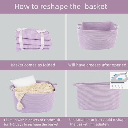 Large Rectangle Blankets Basket Living Room 22"x17"x12" Woven Cotton Rope Storage Baskets for Nursery Toy Basket for Kids Wicker Laundry Baskets Bin for Clothes Towels purple or Lavendor