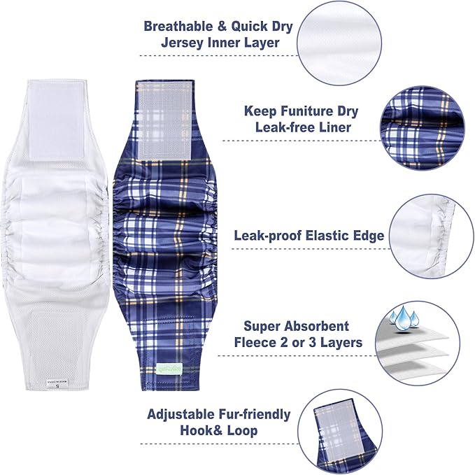 wegreeco Small Dog Diapers Male,Reusable Belly Bands for Male Dogs,Washable Doggie Puppy Male Diapers Wraps,Medium Large Size (5 Pack XX-Large, Checkered Pattern)