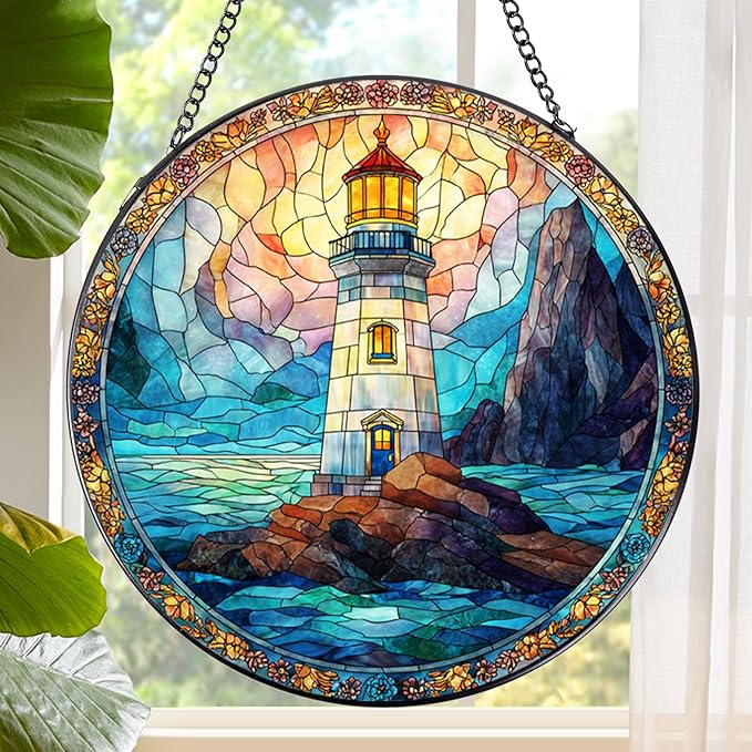 Stained Glass Window Hanging, 7.8″ Pauyadu Lighthouse Sun Catchers with Hook Indoor Window Decor, Decorative Suncatchers Hanging Ornaments Home Garden Art Gift for Housewarming