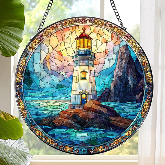 Stained Glass Window Hanging, 7.8″ Pauyadu Lighthouse Sun Catchers with Hook Indoor Window Decor, Decorative Suncatchers Hanging Ornaments Home Garden Art Gift for Housewarming
