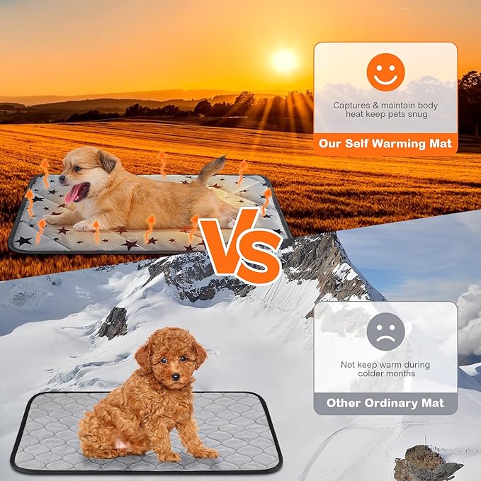 Self Warming Cat Bed Self Heating Dog Mat Star Pattern Warm Thermal Pet Pad Reflects Body Heat Washable Soft Puppy Crate Pad Anti Slip Kennel Mat for Pets(Grey,24'' L X 35'' W X 0.4'' Th)