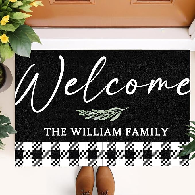 Custom Doormat with Family Name Sample Personalized Entryway Door Mat Front Door Mat for Outdoor Decor Entrance Mat Customised Rug Christmas Housewarming Gift with Anti-Slip Backing