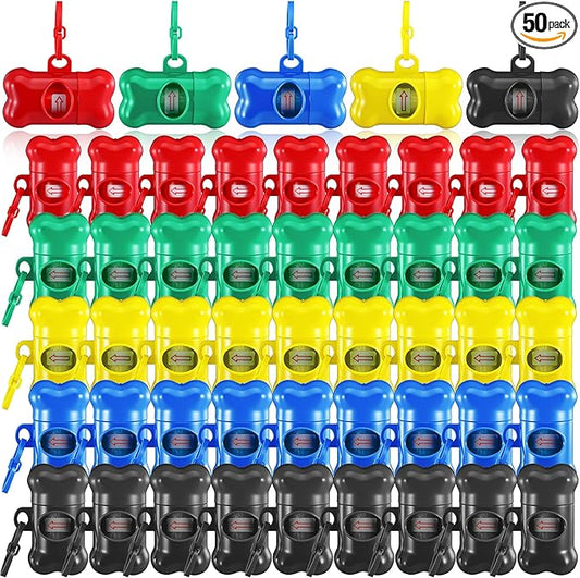 50 Pcs Bone Shape Dog Poop Bag Dispenser with Leash Hook Plastic Leak Proof Pet Waste Bag Holder for Walking Hiking Camping, 5 Colors