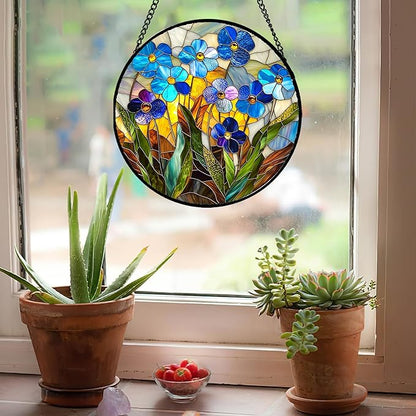 Stained Glass Window Hanging - Blue Wildflower Plant Flowers Sun Catcher for Door Garden Home Decor Suncatcher Christmas Mother's Day Birthday Gifts for Women Men Mom Nana 6.3 in