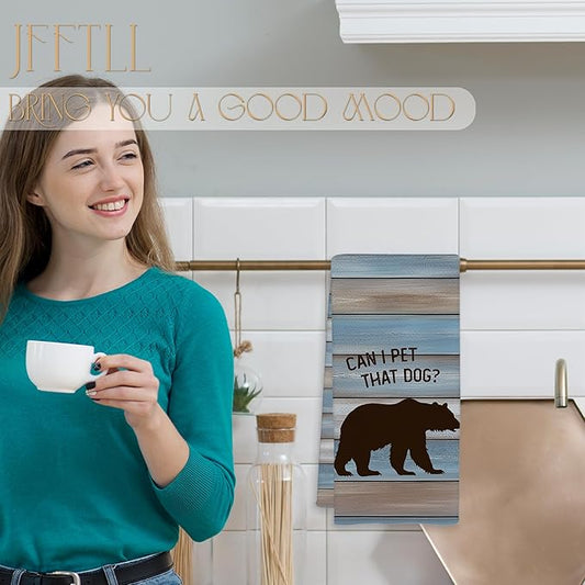 Funny Bear Kitchen Towels, Gifts for Bear Wildlife Camping Lovers Dish Tea Towels for Kitchen Decor, Can I Pet That Dog Decorative Hand Towel for Bathroom, 16x24 Inch - Rustic