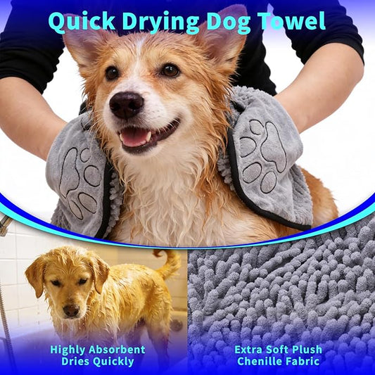 3PCS Dog Bath Kit,Dog Bath Brush | Dog Bath Gloves | Microfiber Dog Towel 26'' X 11'' Extra Soft Plush Chenille Dog Drying Towel to Dry Soggy Large Pets & Small Puppy (B-3 Kits)