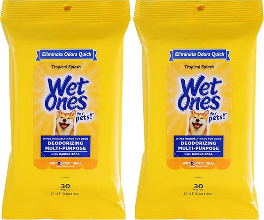 Wet Ones for Pets Deodorizing Multi-Purpose Dog Wipes with Baking Soda Dog Deodorizing Wipes for All Dogs in Tropical Splash Scent, Wipes with Wet Lock Seal Pouch Dog Wipes(Pack of 2,30 Count)
