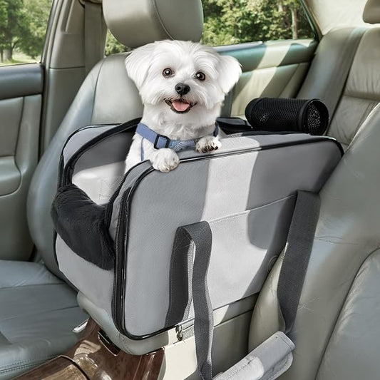 PETSFIT Multipurpose Console Dog Car Seat, Portable Small Dog Car Seat for Dogs, Cat Carrier, Pet Carrier Airline Approved with Safety Tether and Pockets (Light Grey)