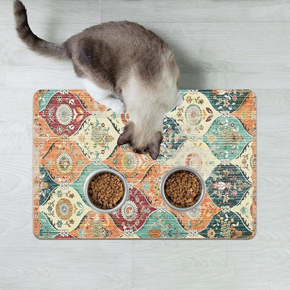 Dog Food Mats for Floors Absorbent, Cat Food Mat - Pet Cat Feeding Mat Quick Dry, Dog Bowl Mats for Water, Pet Supplies Feeding Placemat 16" x 24" Orange Boho