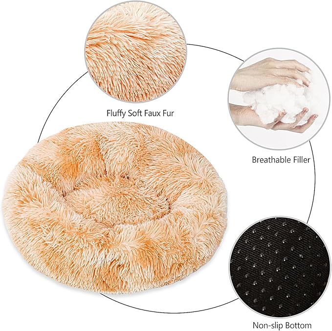 Calming Dog Bed for Small Dogs Cats, Kitty Puppy 23'' Round Anti-Anxiety Warm Fluffy Plush Faux Fur Bed, Soft Anti-Slip Donut Washable Small Pet Bed, Cozy Cat Puppy Bed, Fits up to 30 lbs Pets