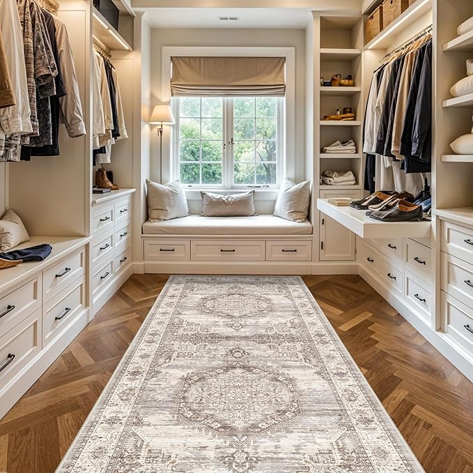 4x10 Washable Hallway Runner Rug: Oriental Living Room Entry Extra Wide Area Rug Ultra Soft Non Slip Runners for Kitchen Dining Room Stain Resistant Low Pile Floor Mat for Bathroom Bedroom(Beige,4x10)