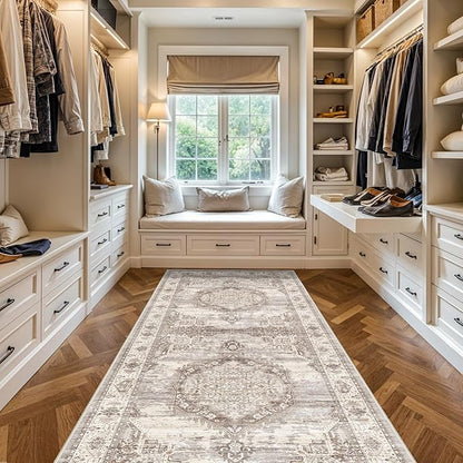 4x10 Washable Hallway Runner Rug: Oriental Living Room Entry Extra Wide Area Rug Ultra Soft Non Slip Runners for Kitchen Dining Room Stain Resistant Low Pile Floor Mat for Bathroom Bedroom(Beige,4x10)