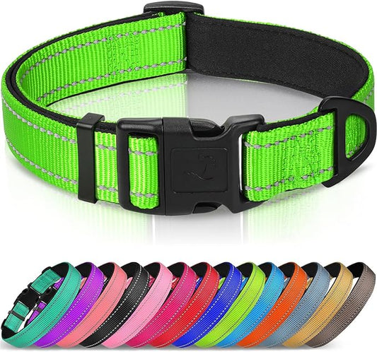 Joytale Reflective Dog Collar, Soft Neoprene Padded, Metal D-Ring, Nylon Pet Collar Adjustable for Extra Large Dogs, Green, XL
