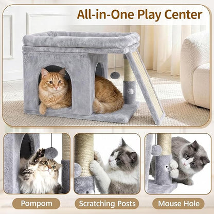 Cat Tree Tower Bed with Scratching Post for Indoor, Heavy Duty Small Stand House Condo for Large Cats & Kittens, Platform Perch Hideout Climb Rest Area, Modern Sturdy Furniture, Light Gray