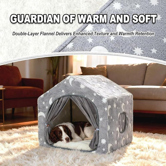 Indoor Dog House, Night-Luminous Star Dog Tent with Frame, Washable Dog Cave Bed, Suitable for 18-40 lb Small and Medium Dog