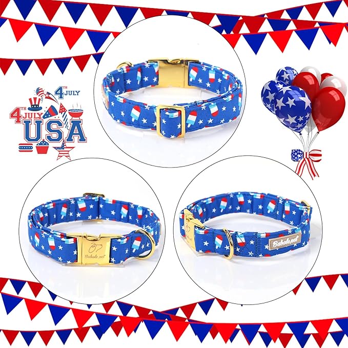 4th of July Dog Collar, Blue Flag Popsicle Patriotic Pet Collar with Metal Buckel, Adjustable Summer Holiday Dog Collars for Small Medium Large Dogs XL
