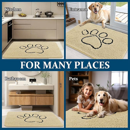 OLANLY Dog Door Mat for Muddy Paws 48x30, Paw Print Design, Absorbs Moisture and Dirt, Absorbent Non-Slip Washable Doormat, Quick Dry Chenille Mud Mat for Dogs, Entry Indoor Entryway Carpet, Sand