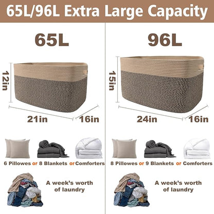 Woven Blanket Basket,96L Large Storage Bin for Blankets Toys Clothes,Decorative Rope Basket for Living Room Bedroom with Handles, Jute&Black