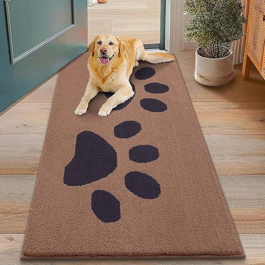 Smiry Dog Door Mat for Muddy Paws, Absorbs Moisture and Dirt, Low-Profile Entryway Mat with Non-Slip Backing, Entry Indoor Outdoor Doormat for Inside Floor (48x30 Inches, Camel and Black, Paw)