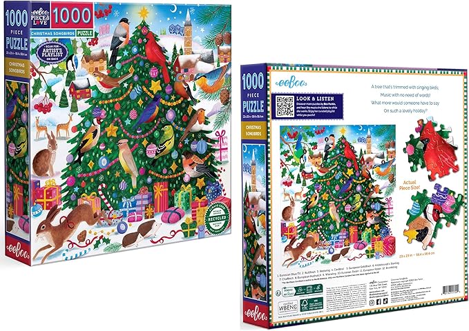 eeBoo 1000 Piece Puzzle - Christmas Songbirds Jigsaw Puzzle for Adults, Square 23" x 23" Made with Recycled Board & Vegetable-Based Ink