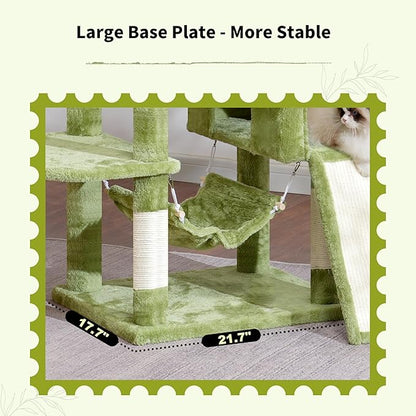 Gitelsnour Cat Tree for Indoor Cats, 71'' (180cm) Multi-Level Cat Tower for Large Adult, Sturdy Cat Tree House with 2 Scratching Boards 7 Posts, 2 Plush Perches/Condos, Hammock, Green GCT032GR