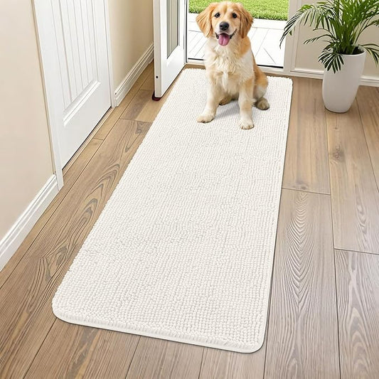 Smiry Dog Door Mat for Muddy Paws 59x24, Absorbs Moisture and Dirt Doormat, Non-Slip Washable Quick Dry Chenille Front Door Mat Indoor Entrance, Entryway Carpet for Inside Floor, Ivory