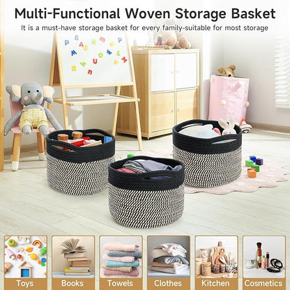 Small Rope Baskets for Storage, Baskets for Gifts Empty, Cute Round Woven Basket, Decorative Shelf Baskets 9.82×9.82×7.1", Cotton Toy Basket Storage Bins for Organizer 3 Packs-Brown+Black