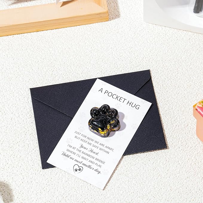 Loss of Pet Sympathy Gift - Black Obsidian Mini Paw Pocket Hug with Memorial Card Envelope Remembrance Bereavement Gift for Loss of Dog Cat Sympathy Favor Adult Pet Lover Stress Relief Toy
