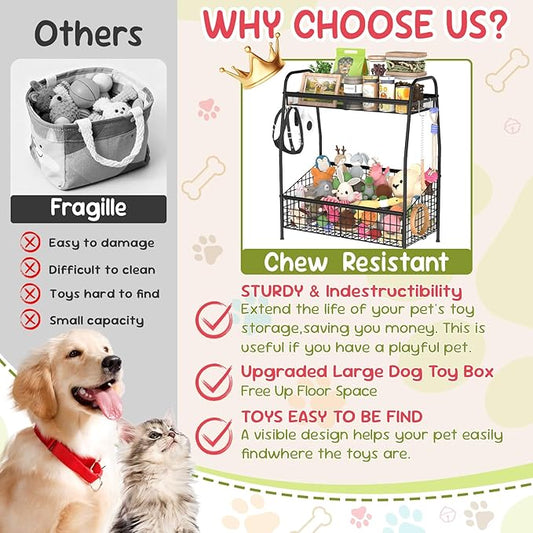 Indestructible Large Dog Toy basket, Toy Box for Dogs,Pet Toys Bin Dog Metal Wire Basket for Toys, Food Storage, Storage Organizer Chest Storage, Toy Box for Living Room Area (Black)