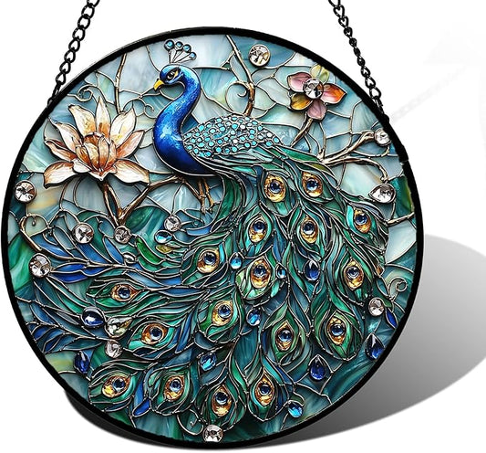 Stained Glass Window Hanging, Blue Peacock Decoration Suncatcher for Door Garden Home Flower Bird Sun Catchers Christmas Mother's Day Birthday Gifts for Women Men Mom Nana Friend 7.8 in
